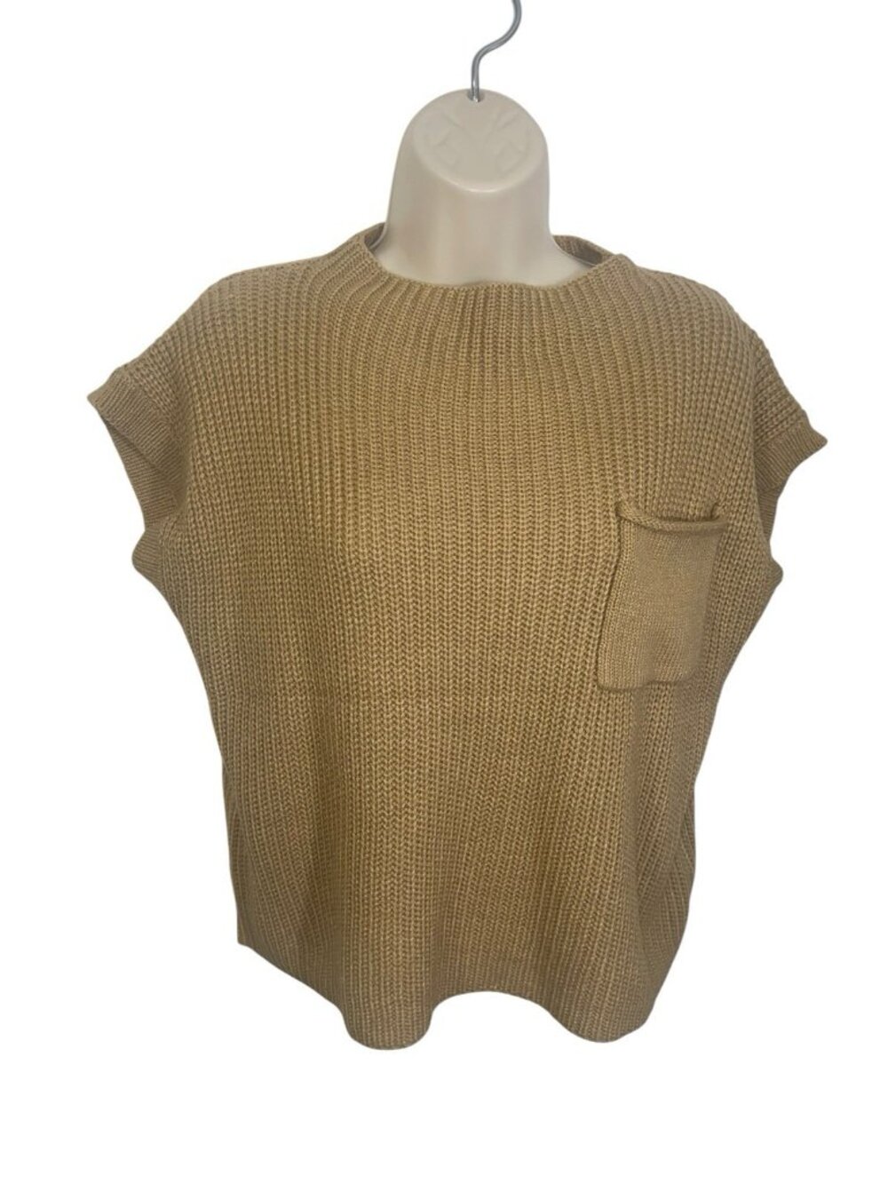 Women's Size Small Beige Tan 78% Merino Wool Cap Sleeve Boxy Pullover Sweater